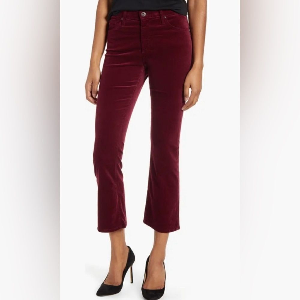 Adriano Goldschmied NWT Jodi Crop High Rise Flare Velvet in Maroon size 31